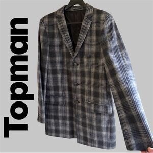 Topman Sharp! Gray/Black Plaid Wool Car Coat. Size 44. 6 pockets. New w/o tags!